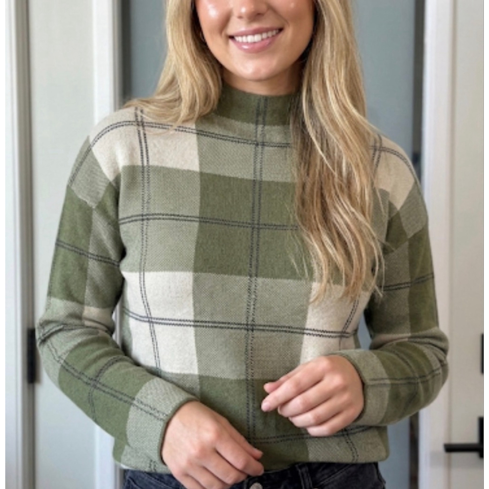 RACHEL ZOE Green & Beige Plaid Cowl Neck Sweater S